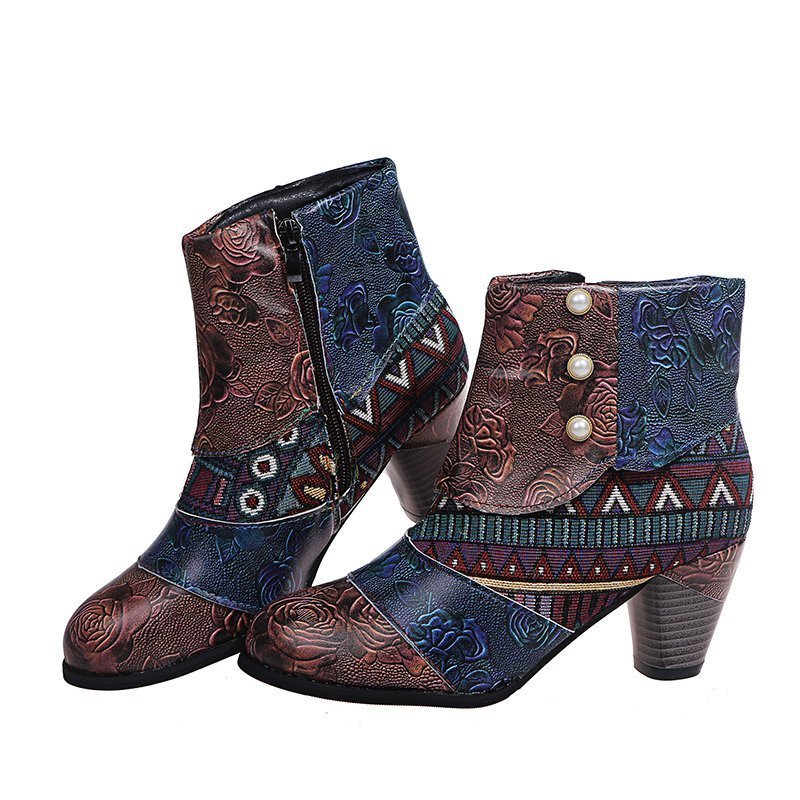 Print Ankle Boots for Women - Chunky Mid Heel Side Zipper Shoes