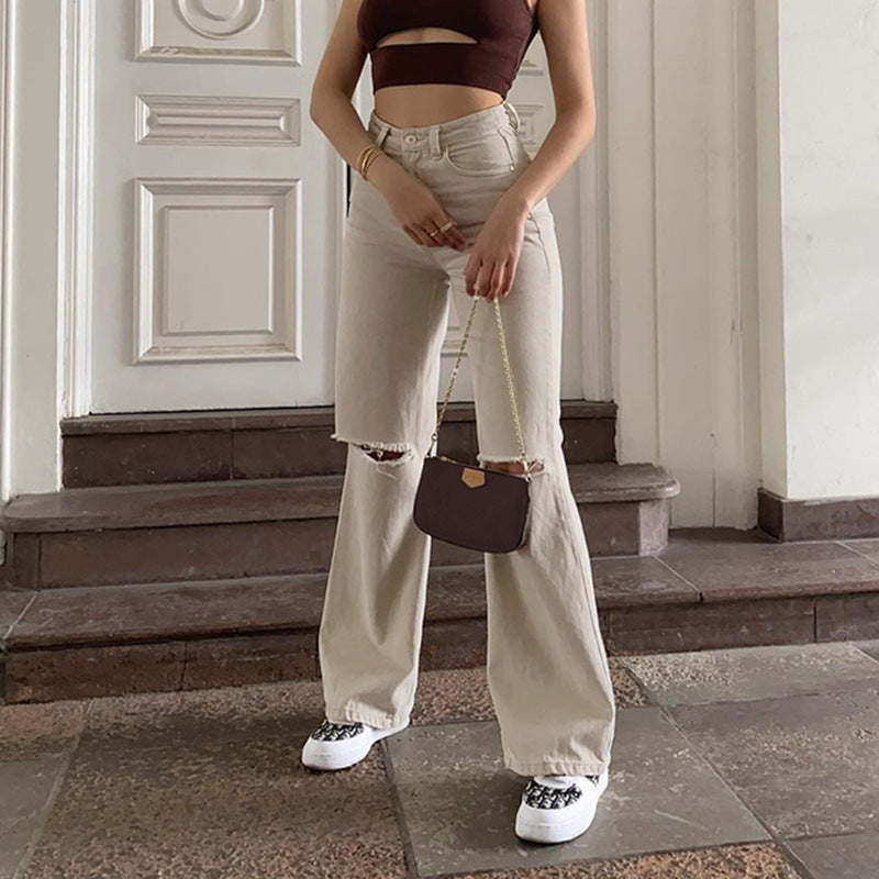 Casual Wide-leg Ripped Denim Pants High-waist Trousers