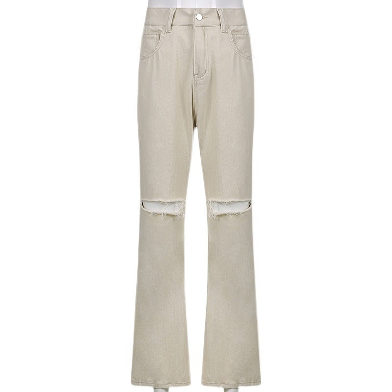 Casual Wide-leg Ripped Denim Pants High-waist Trousers