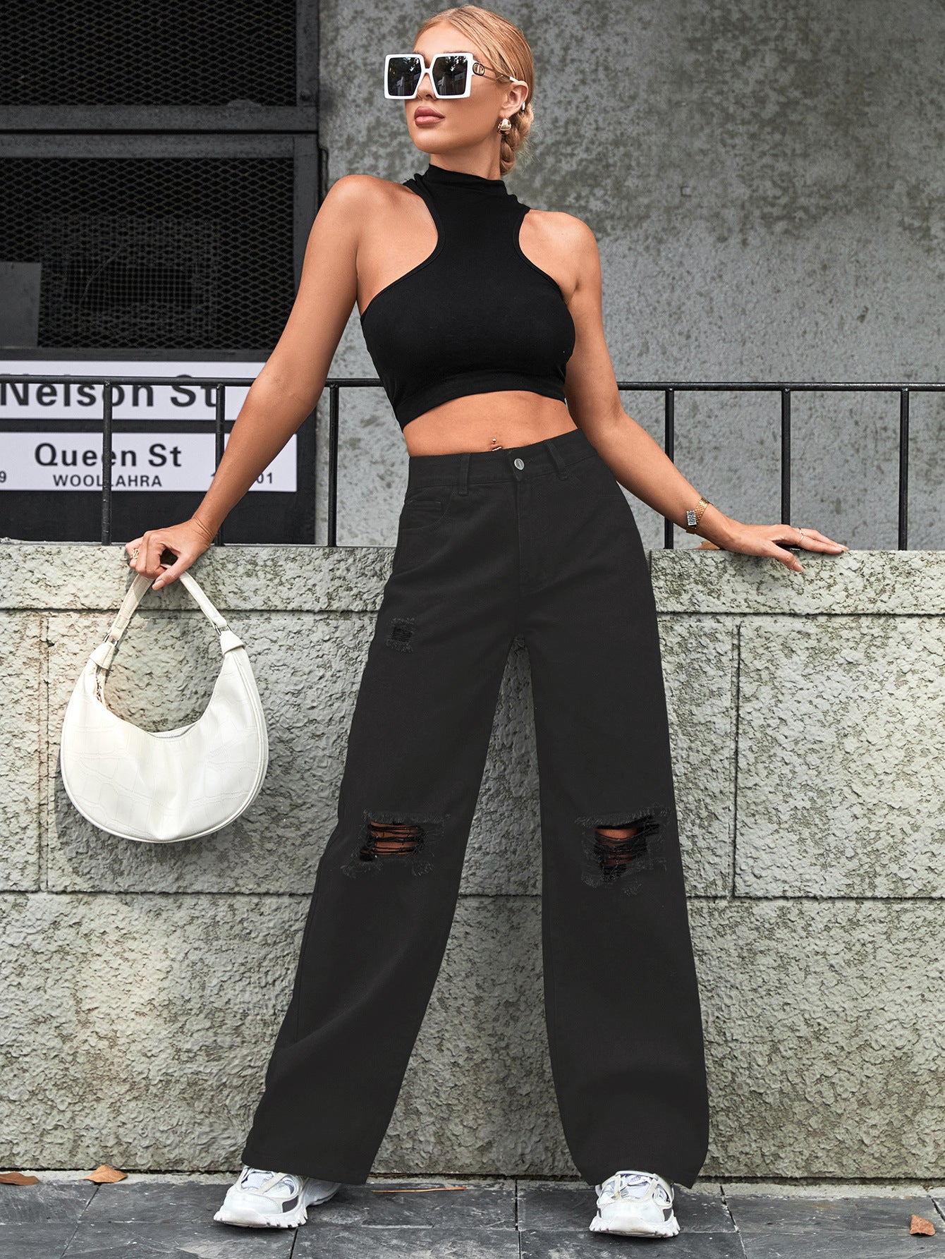 Women's Fashion High Waist Denim Trousers with Holes