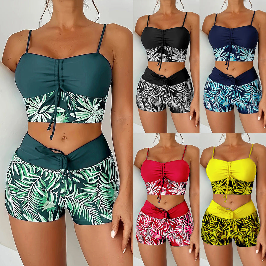 Women's Lace Printing Swimsuit with Split High Waist Boxer Design