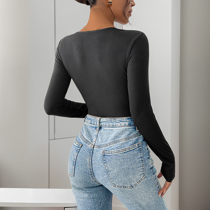 Long Sleeve Knitted Jumpsuit with Square-neck Contrast Color Design