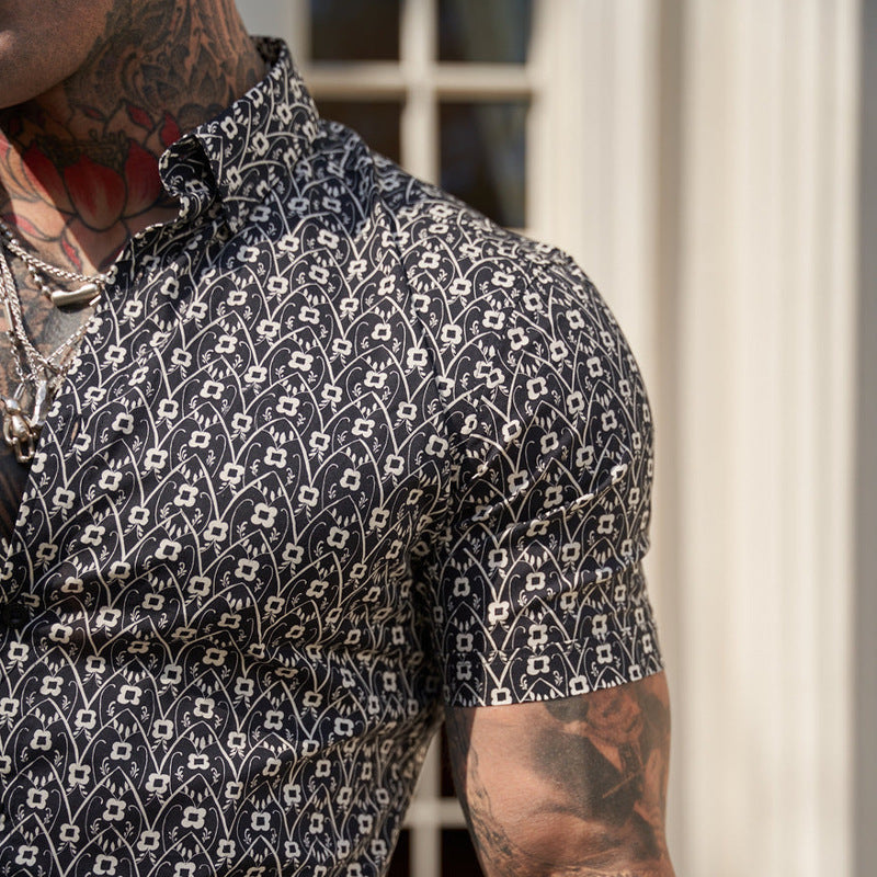Men's Summer Slim Fit Shirt - Fashion Stretch 3D Printing Lapel Short Sleeves