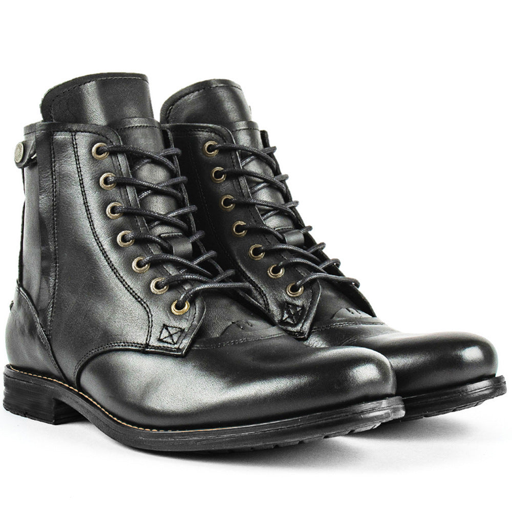 Men Cowboy Boots Retro Lace-up Martin Boot Round Toe Low Heel