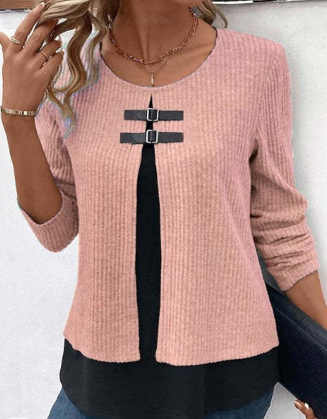 Sunken Stripe Leather Knitted Two-Piece Top with Long Sleeve Design