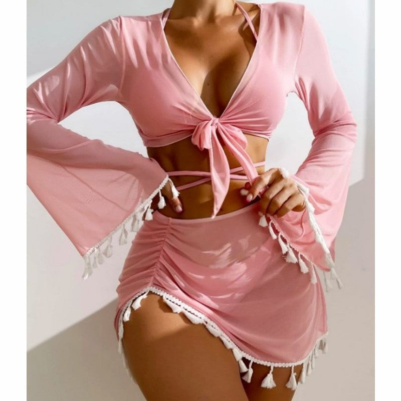4pcs Solid Color Bikini Set with Short Skirt and Long Sleeve Cover-up Fashion Bow Tie Fringed Summer Beach Womens Clothing