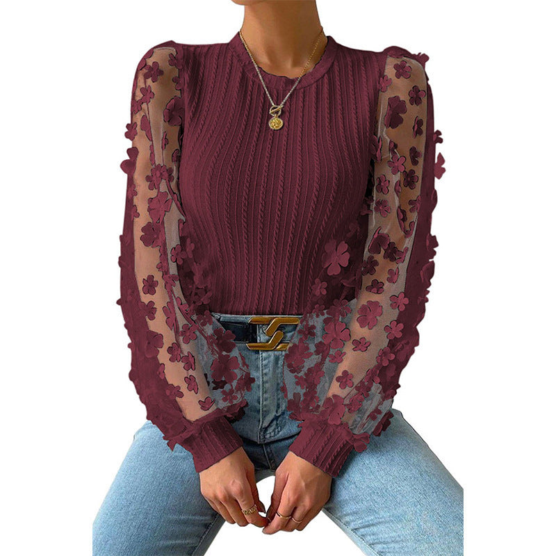 Women's Chiffon Summer Top with Mesh Small Flower Design, Round Neck Long Sleeve
