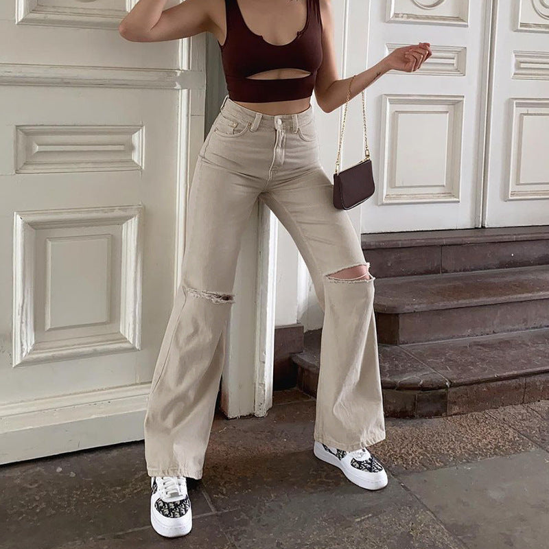 Casual Wide-leg Ripped Denim Pants High-waist Trousers