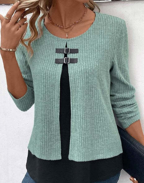 Sunken Stripe Leather Knitted Two-Piece Top with Long Sleeve Design