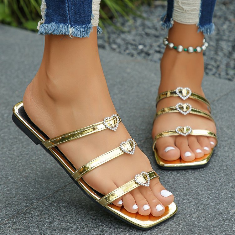 Women's Rhinestone Flat Sandals with Strap and Square Toe
