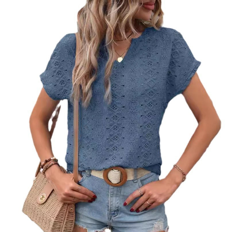 Women's V-neck Casual T-shirt - Hollow Out K Short Sleeve Slim Top for Stylish Comfort