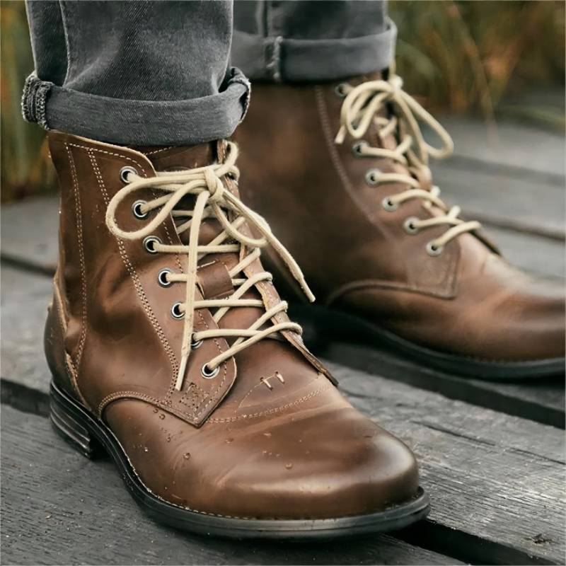 Men Cowboy Boots Retro Lace-up Martin Boot Round Toe Low Heel