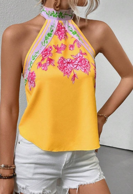 Printed Notched Neck Tank Top - Sleeveless Stylish Apparel