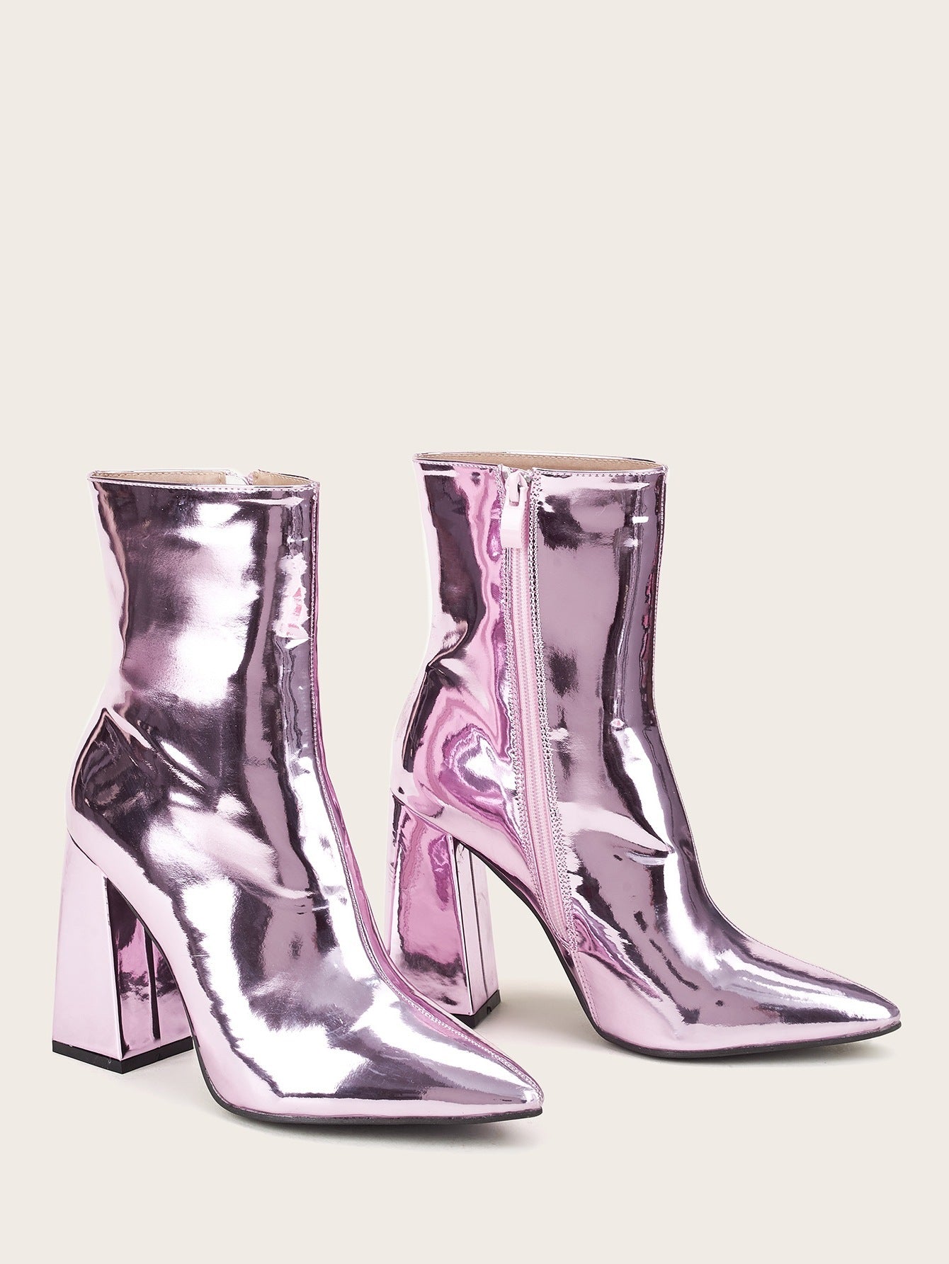 Silver Short Boots Women High-Heeled Patent Leather Mid-Tube Thick-Heeled Fashion Footwear