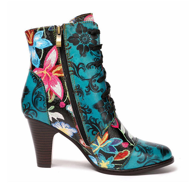 Ethnic Leather High-Heeled Boots for Autumn & Winter Fashion - Beautiful Handmade Retro Floral Design