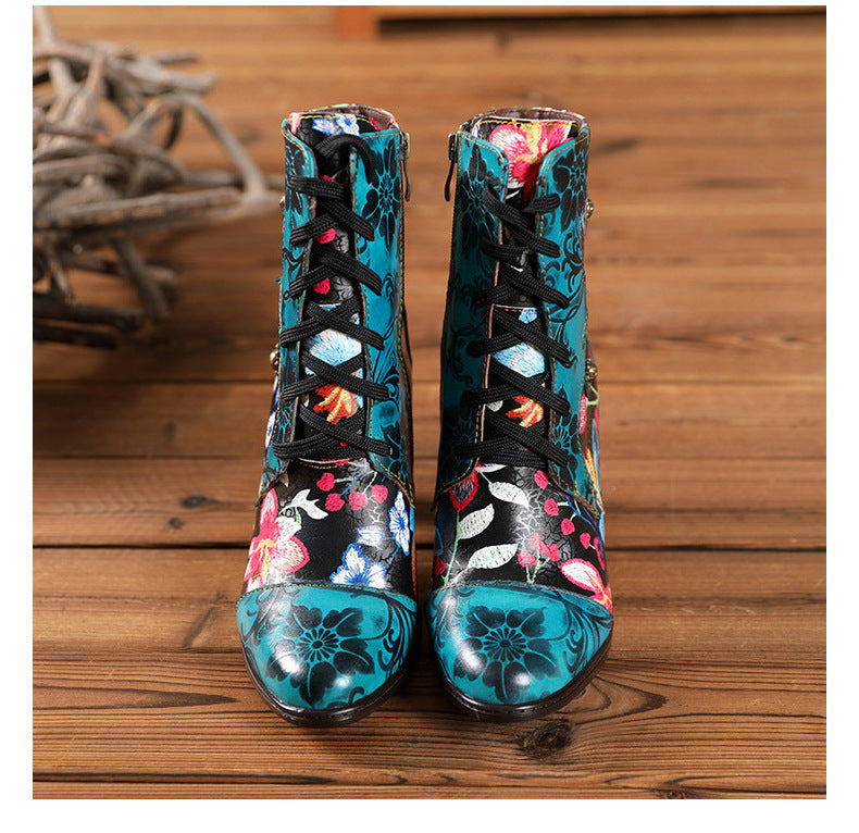 Ethnic Leather High-Heeled Boots for Autumn & Winter Fashion - Beautiful Handmade Retro Floral Design