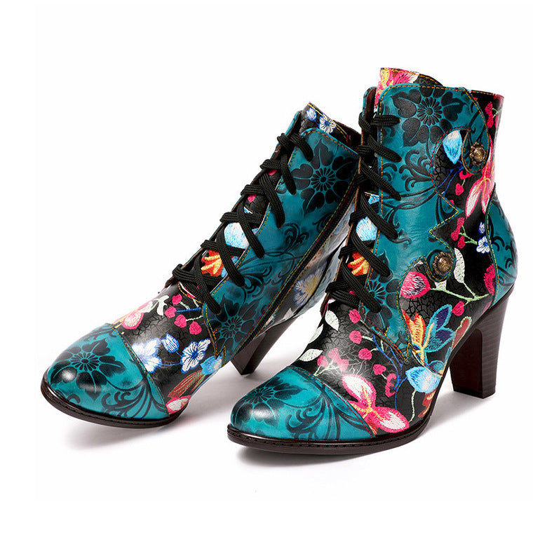 Ethnic Leather High-Heeled Boots for Autumn & Winter Fashion - Beautiful Handmade Retro Floral Design