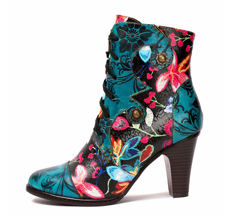 Ethnic Leather High-Heeled Boots for Autumn & Winter Fashion - Beautiful Handmade Retro Floral Design