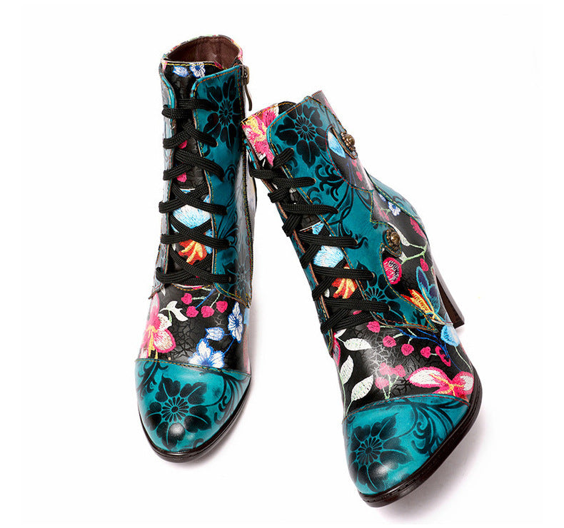 Ethnic Leather High-Heeled Boots for Autumn & Winter Fashion - Beautiful Handmade Retro Floral Design