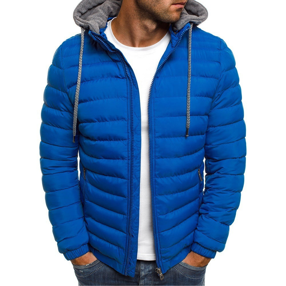 Stand-Up Collar Padded Hooded Jacket for Men - Outdoor Striped Cotton Padded Jacket