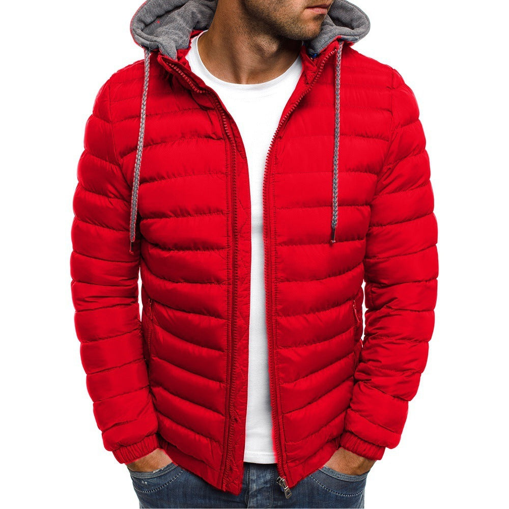 Stand-Up Collar Padded Hooded Jacket for Men - Outdoor Striped Cotton Padded Jacket