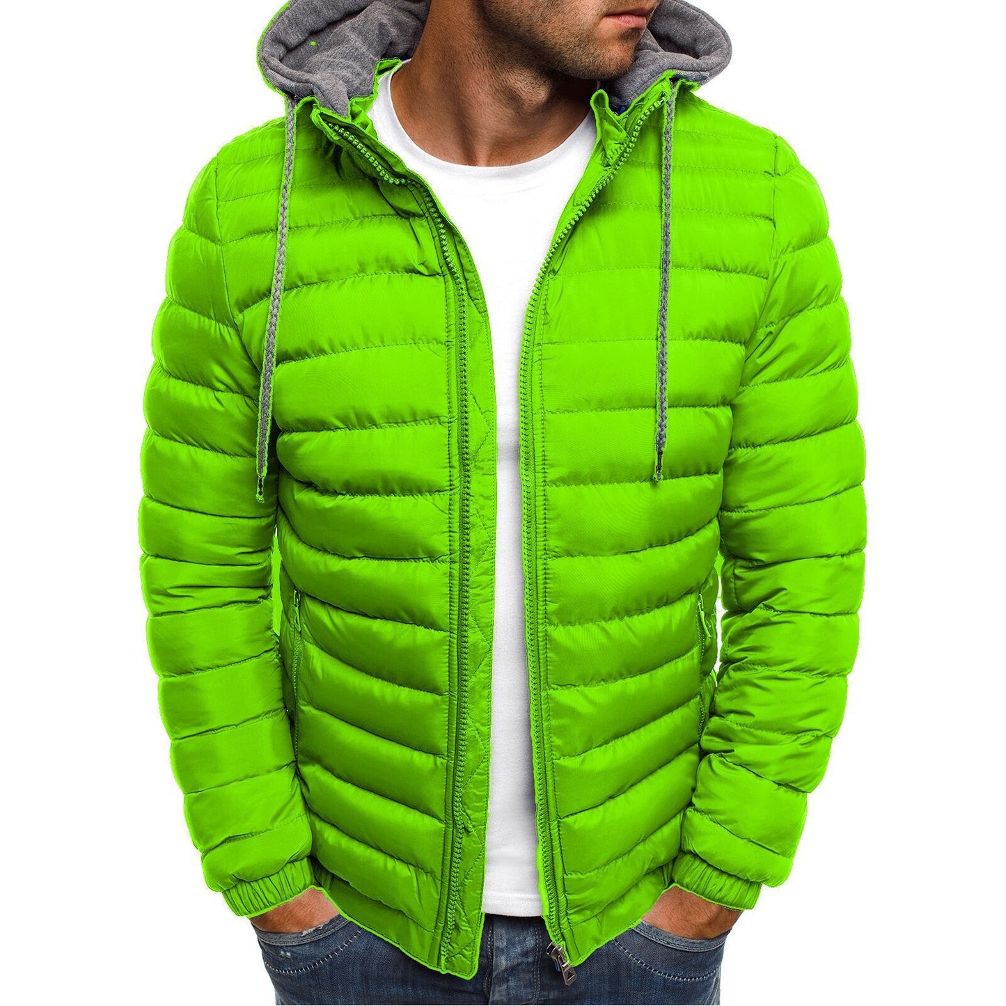 Stand-Up Collar Padded Hooded Jacket for Men - Outdoor Striped Cotton Padded Jacket