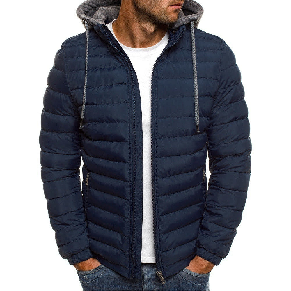 Stand-Up Collar Padded Hooded Jacket for Men - Outdoor Striped Cotton Padded Jacket