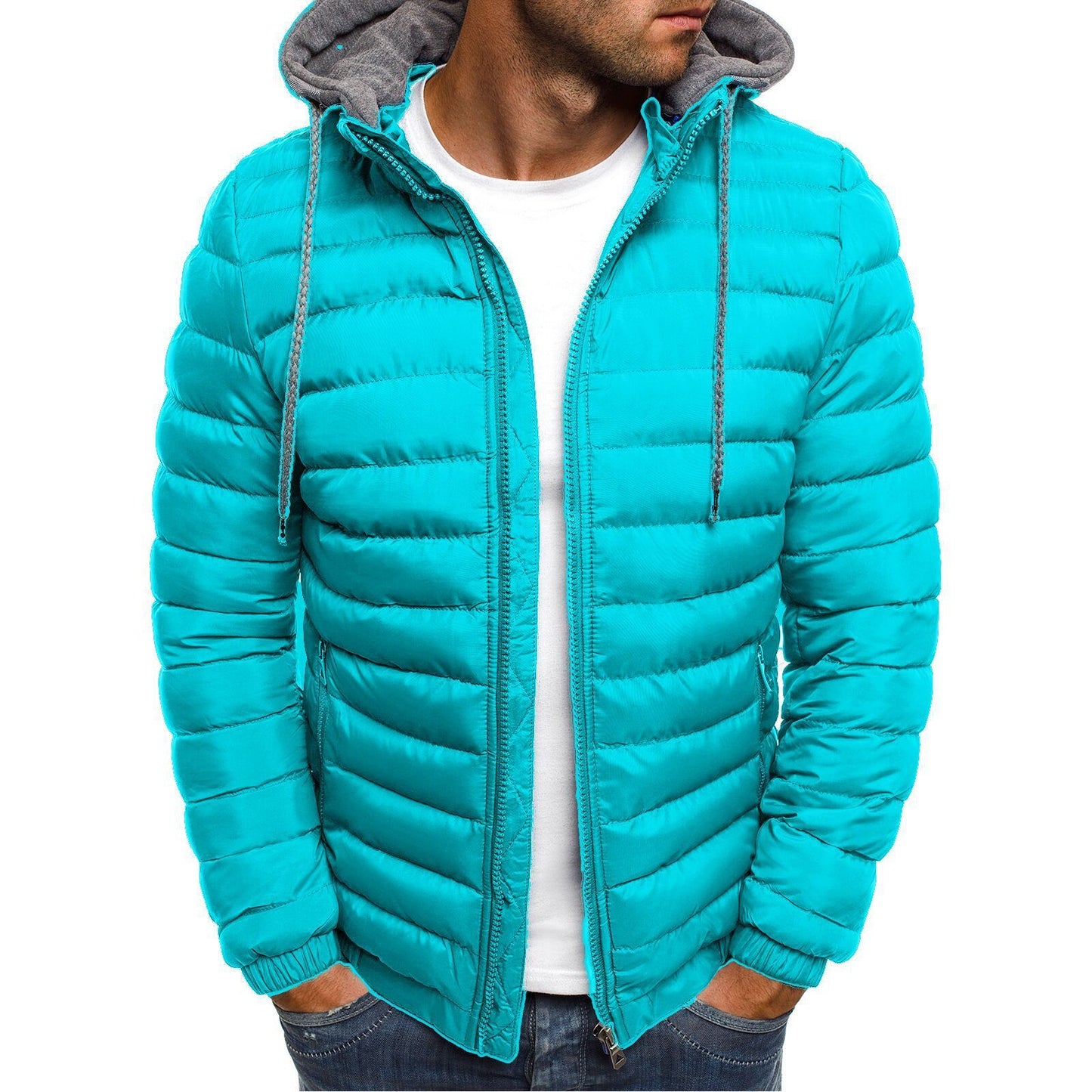 Stand-Up Collar Padded Hooded Jacket for Men - Outdoor Striped Cotton Padded Jacket
