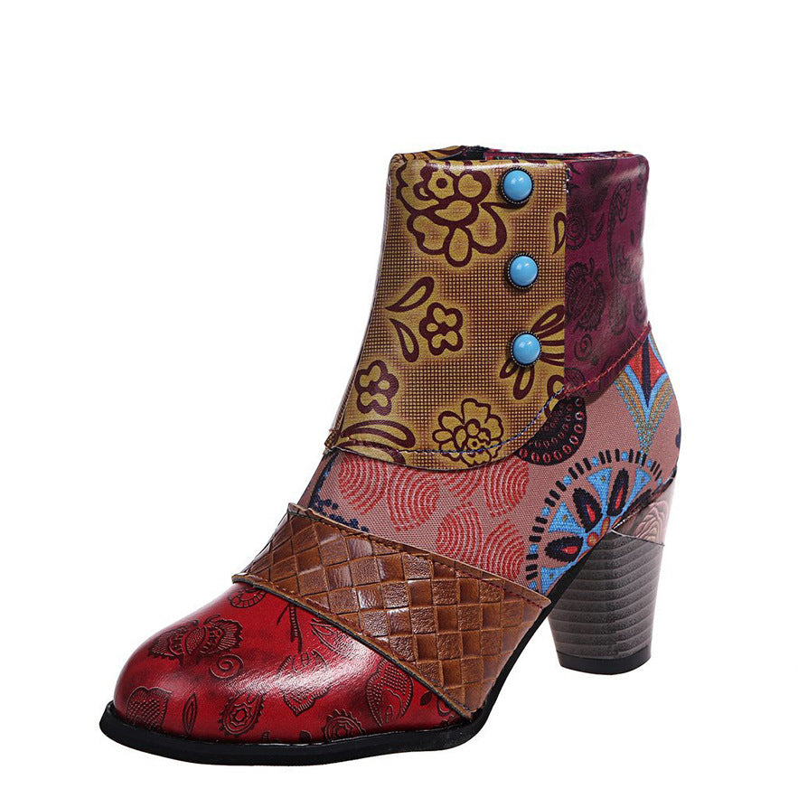 Print Ankle Boots for Women - Chunky Mid Heel Side Zipper Shoes