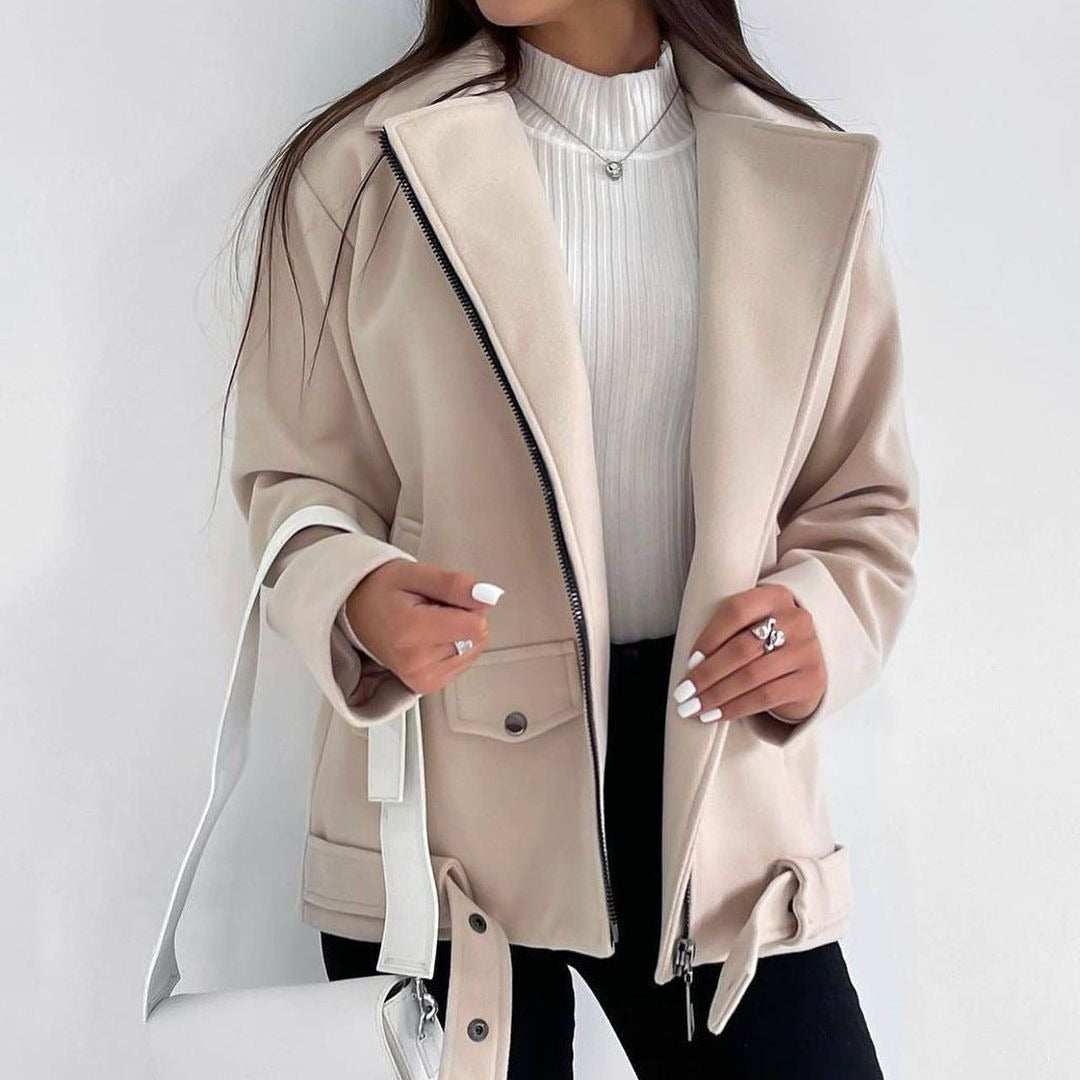 Woolen Lapel Coat - Belted Long-Sleeved Woolen Overcoat