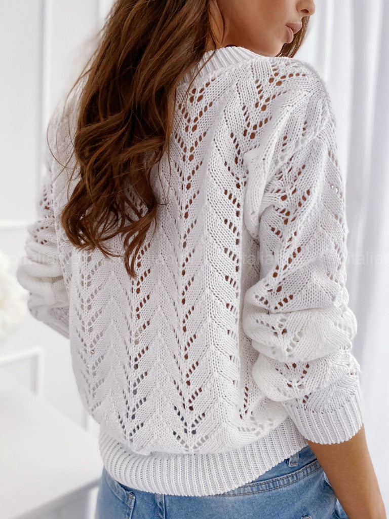Solid Color Mocha V-neck Knit Sweater with Hollow Out Design