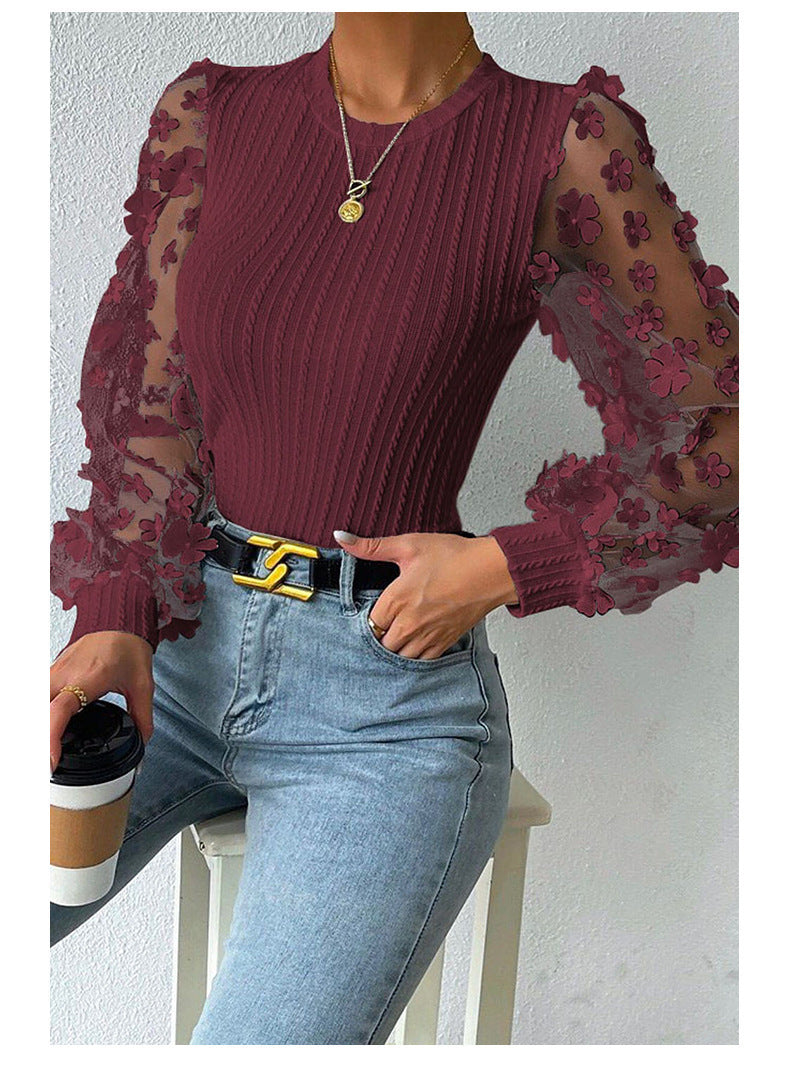 Women's Chiffon Summer Top with Mesh Small Flower Design, Round Neck Long Sleeve