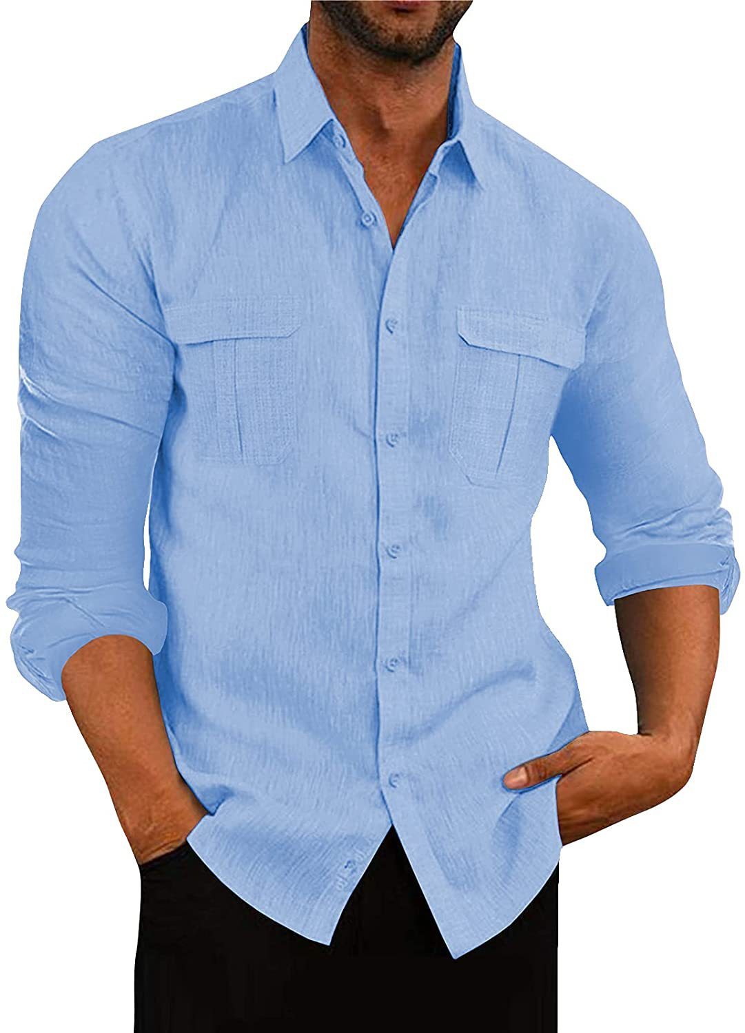 Men's Cotton Linen Shirt with Double Pockets for Casual Wear