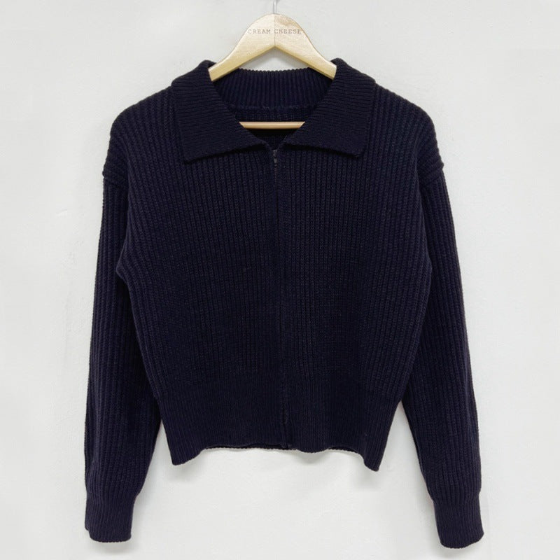 Lapel Zipper Sweater Coat for Casual Versatile Style