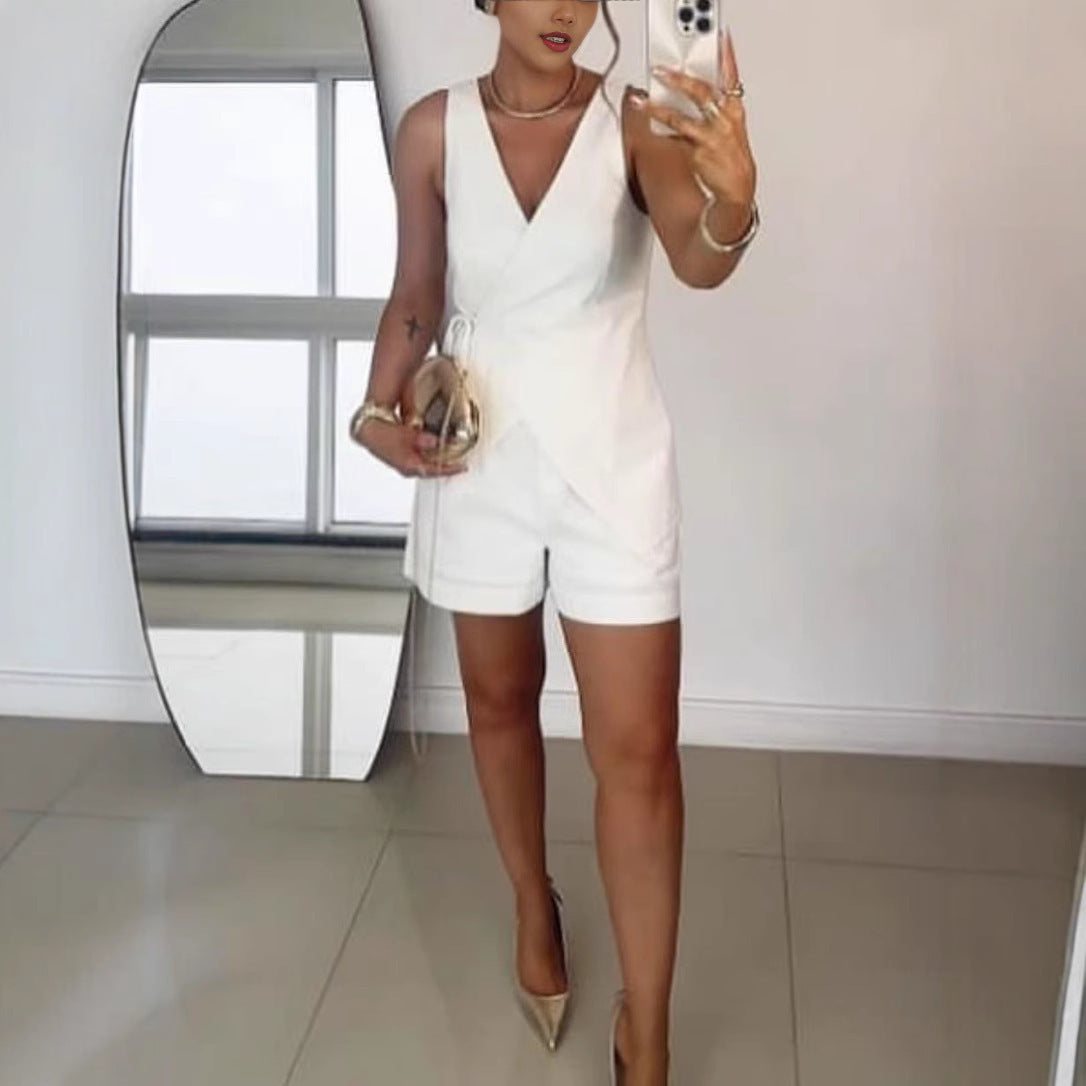Solid Color Tie Vest Shorts Suit for High Waist Style