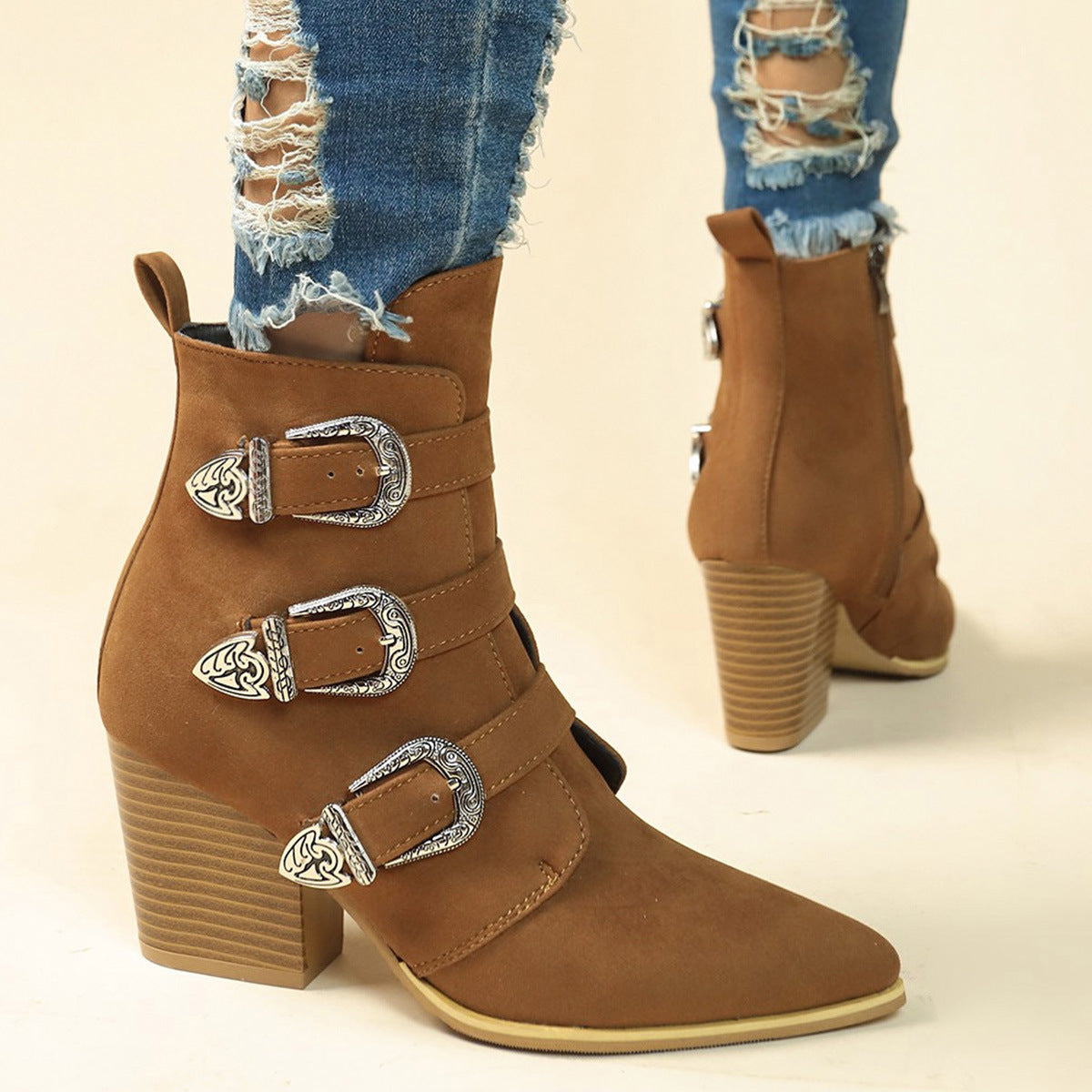 Chunky Heel Pointed Toe Boots for Women - Retro Mid-calf Fashion Boot with Belt Buckle Design for Fall Winter