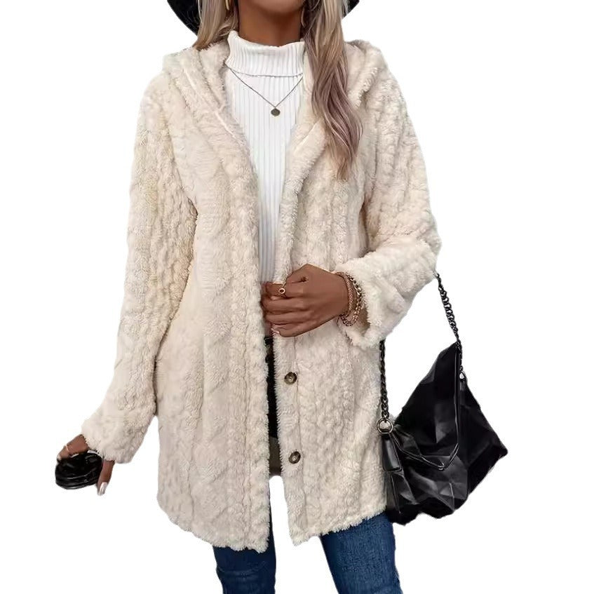 Hooded Button Cardigan Long Sleeve Solid Colour Coat