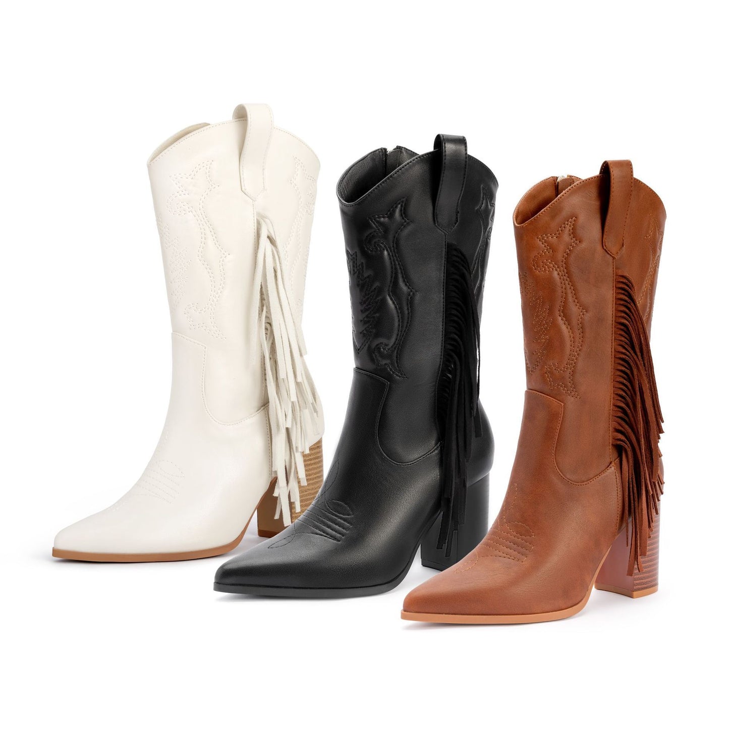 Embroidered Cowboy Boot with Tassels - White Western Style