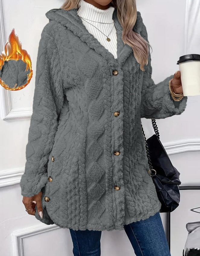 Hooded Button Cardigan Long Sleeve Solid Colour Coat