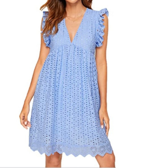 Lace Summer Beach Dress with Pockets - Sleeveless Jacquard Cutout V-Neck