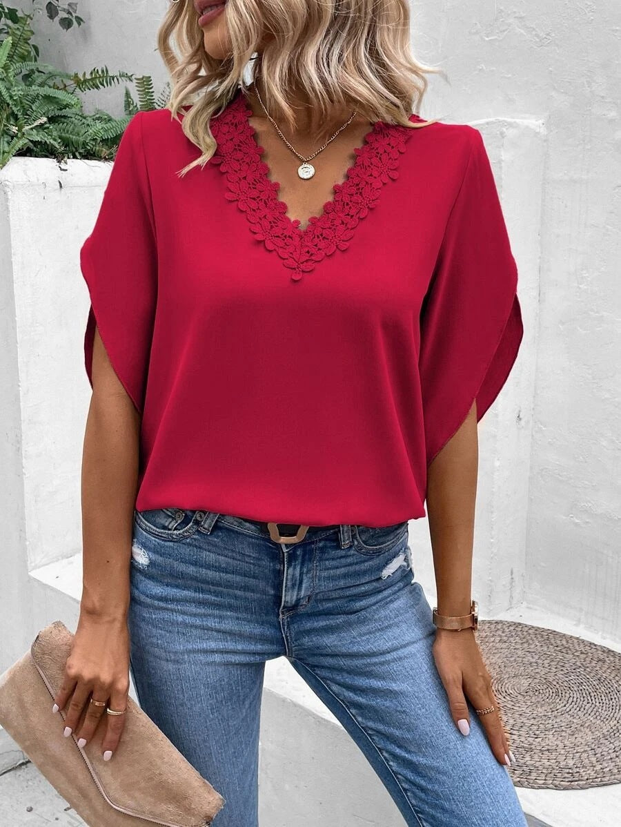 Lace V-neck Loose Shirt with Flared Sleeves