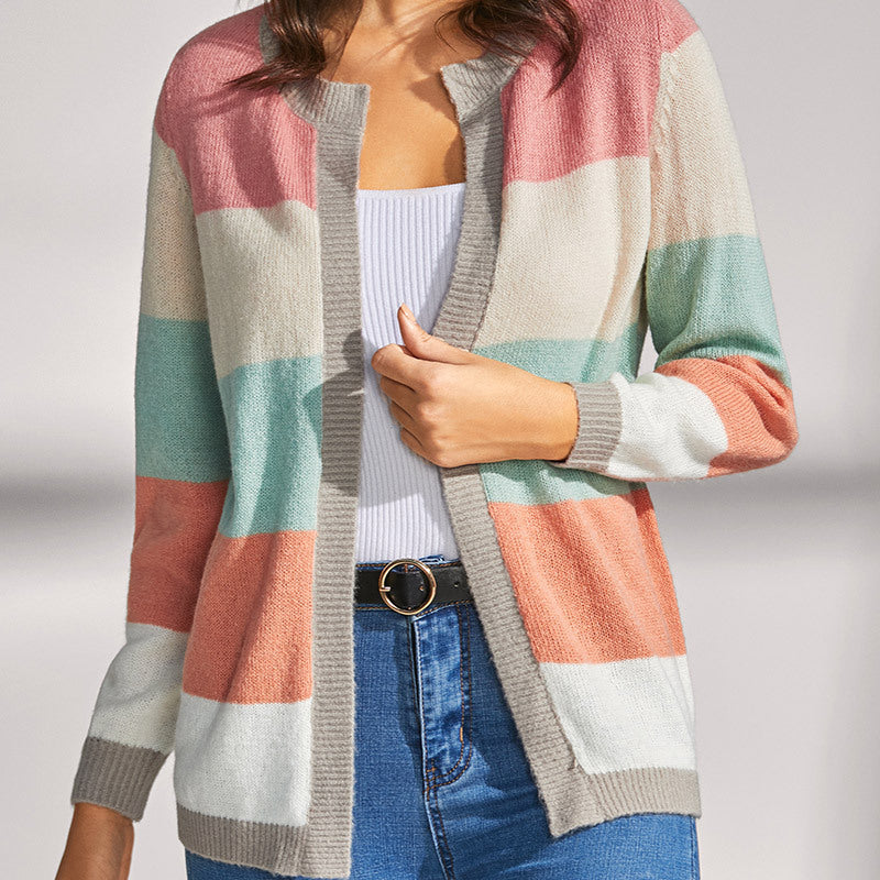 Women's Loose Sweater Coat - Color Matching Temperament Crew Neck Design