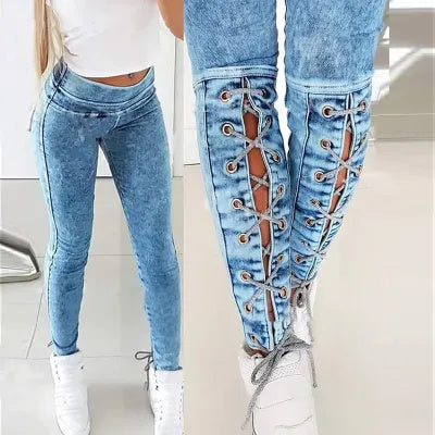 Women's High Waist Lace-up Jeans - Stretch Skinny Fit for Ultimate Style