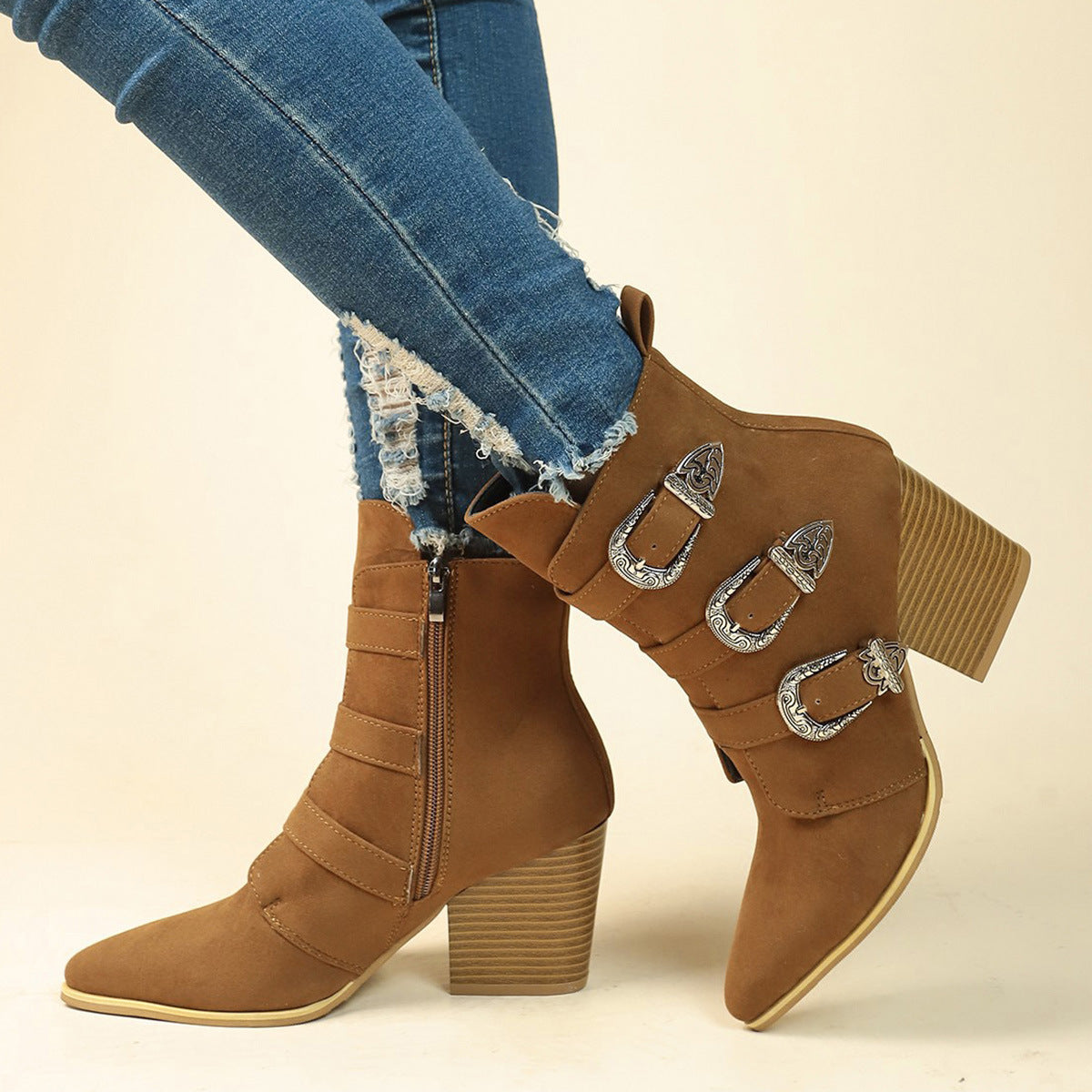 Chunky Heel Pointed Toe Boots for Women - Retro Mid-calf Fashion Boot with Belt Buckle Design for Fall Winter