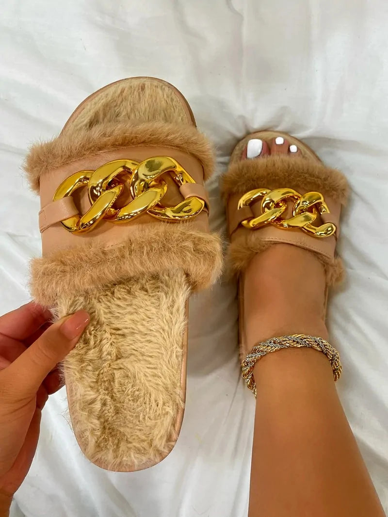 Summer Women's Sandals with Plush Open Toe and Metal Chain Design