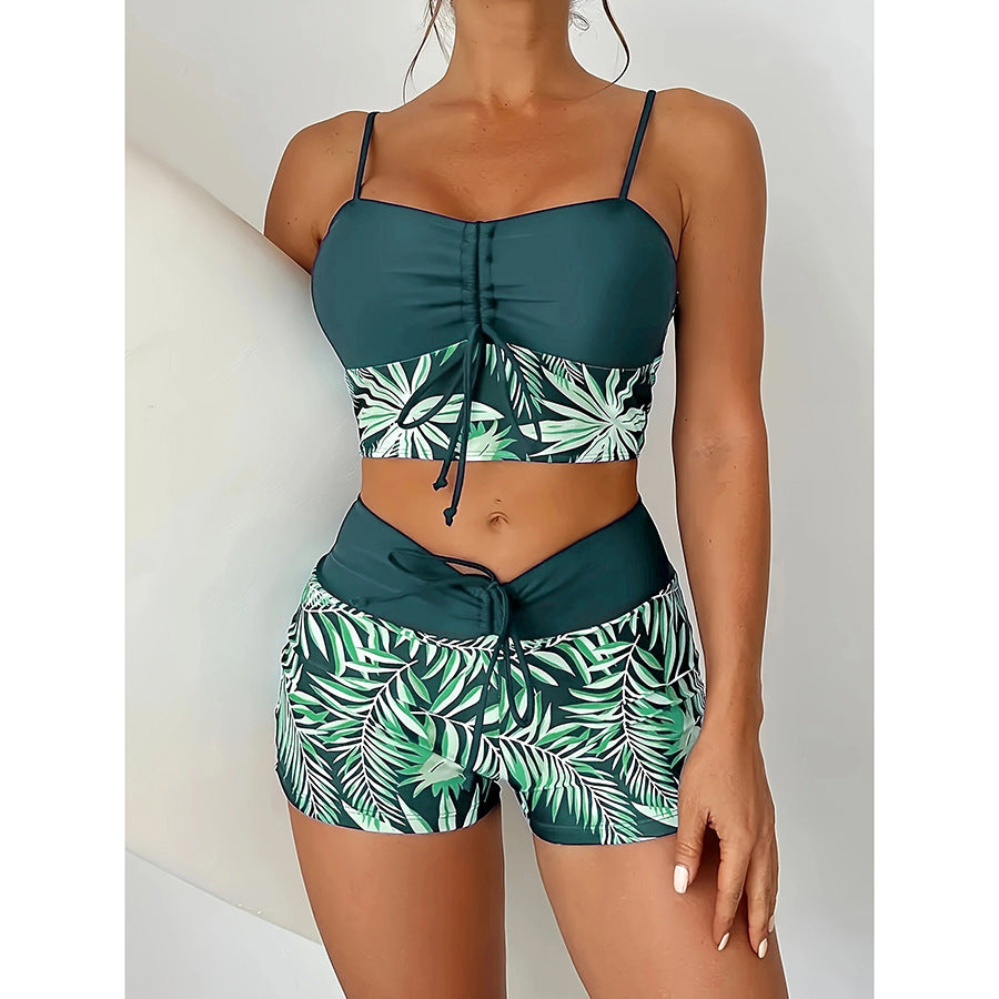 Women's Lace Printing Swimsuit with Split High Waist Boxer Design