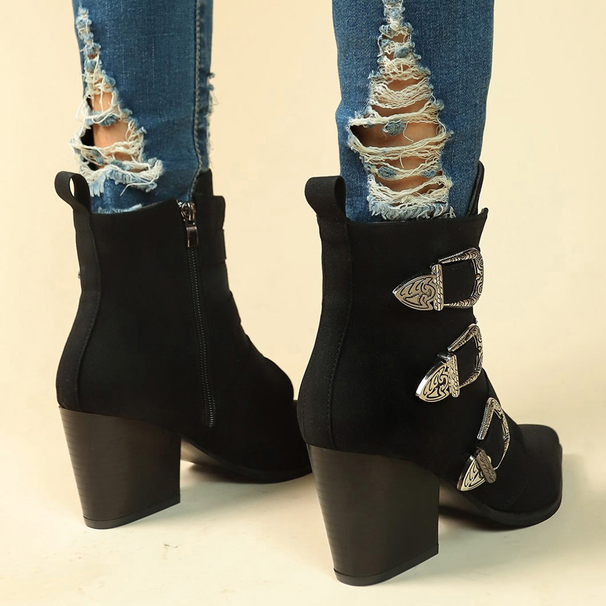 Chunky Heel Pointed Toe Boots for Women - Retro Mid-calf Fashion Boot with Belt Buckle Design for Fall Winter