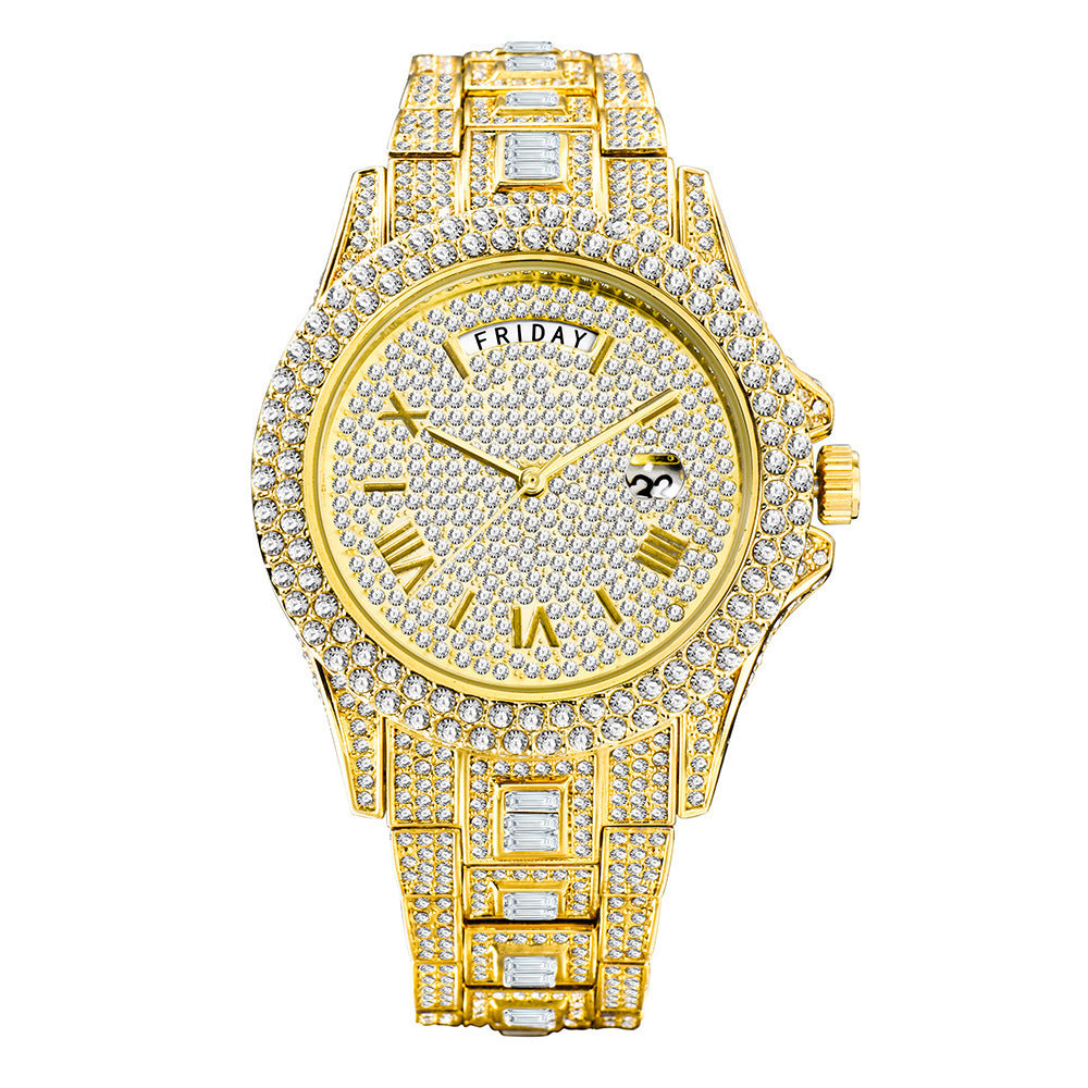 High-end Double Calendar Watch - Outside The Watch Fashionable Business Full Diamond Quartz