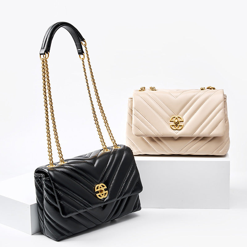 Women's Cowhide Chain Shoulder Bag with Diamond Design - Square Messenger Bag