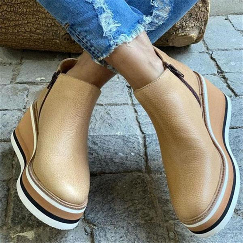 Wedge Ankle Boots - Thin Short Side Zipper Mid Heel Leather Surface